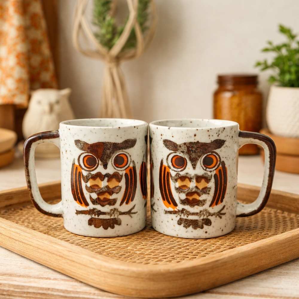Vintage 1970s Owl Mug Pair Japan Stoneware Cozy Woodland Kitchen